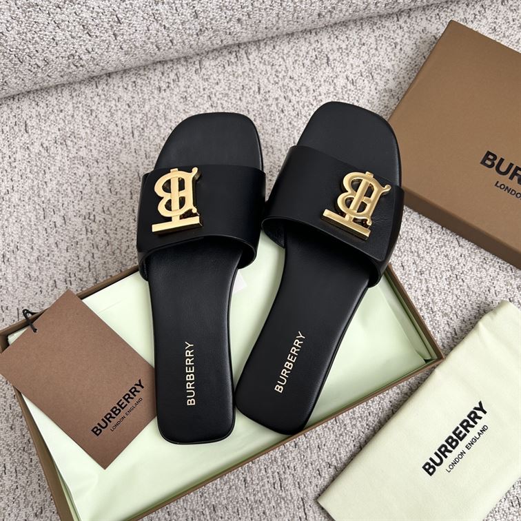 BURBERRY BLACK LEATHER SLIDES WOMEN - U012