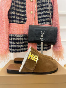 BURBERRY MONOGRAM DETAIL SHEARLING-LINED SUEDE MULES - U019