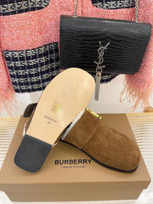 BURBERRY MONOGRAM DETAIL SHEARLING-LINED SUEDE MULES - U019