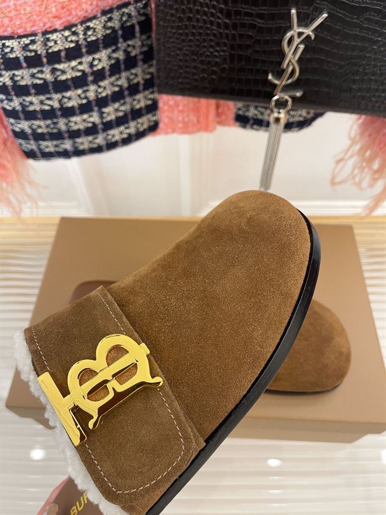 BURBERRY MONOGRAM DETAIL SHEARLING-LINED SUEDE MULES - U019