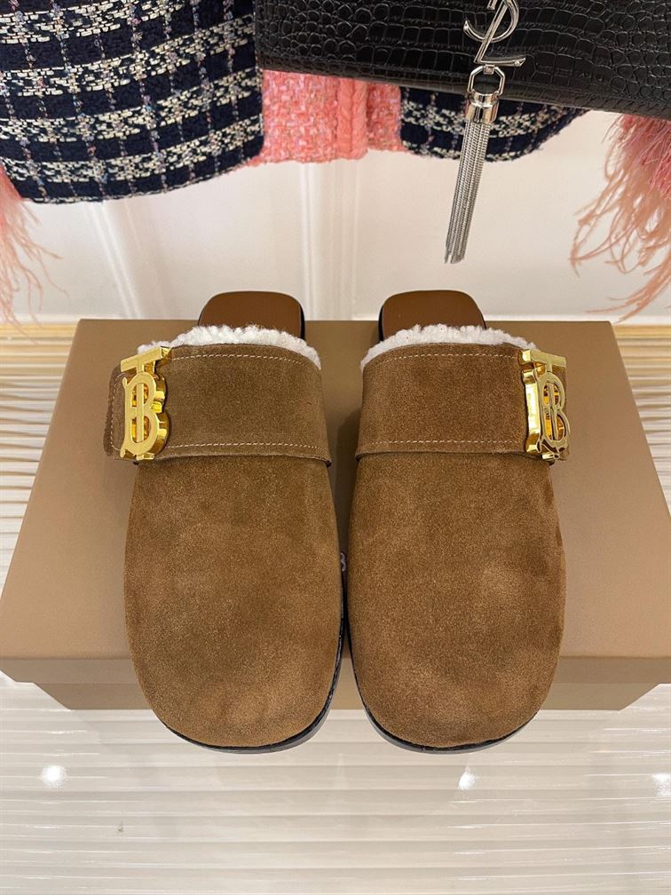 BURBERRY MONOGRAM DETAIL SHEARLING-LINED SUEDE MULES - U019