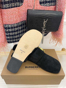 BURBERRY MONOGRAM DETAIL SHEARLING-LINED SUEDE MULES - U020