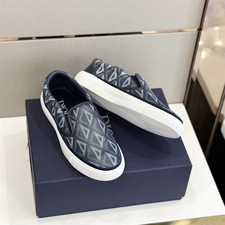 DIOR B101 NAVY BLUE CD DIAMOND CANVAS AND SMOOTH CALFSKIN SLIP ON SNEAKERS - I111