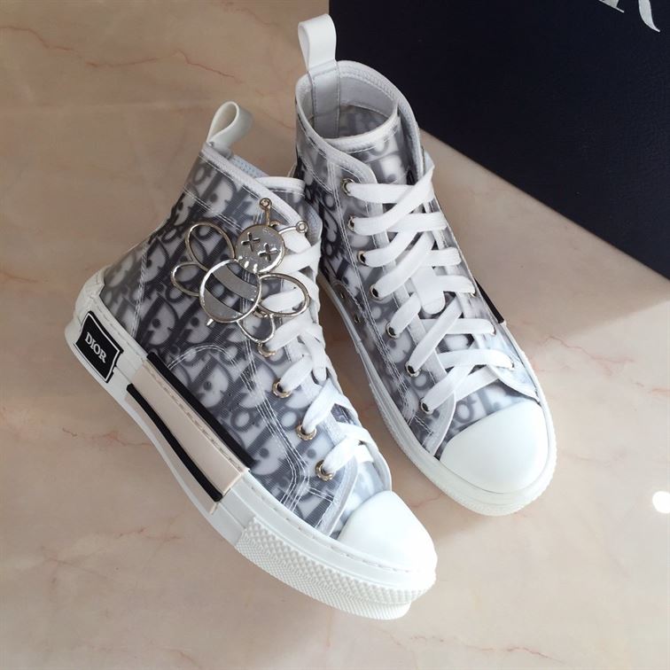 DIOR B23 HIGH-TOP SNEAKER WHITE AND BLACK DIOR OBLIQUE CANVAS - I088