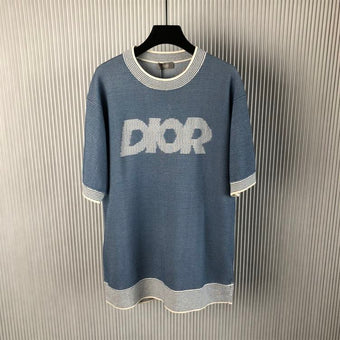 DIOR ITALIC T-SHIRT BLUE COTTON-BLEND TRAMATO KNIT - O039