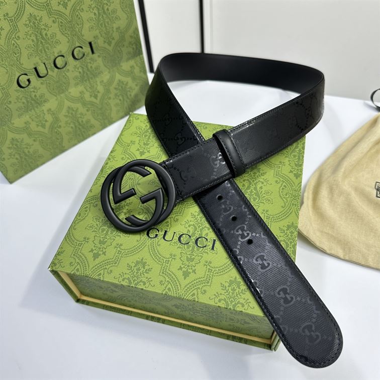 GUCCI BELT WITH INTERLOCKING G BUCKLE BLACK MATTE GG CRYSTAL CANVAS - AB009