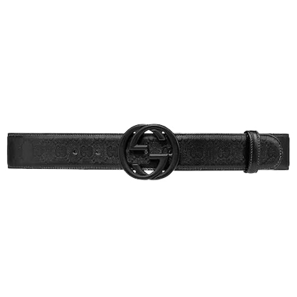 GUCCI BELT WITH INTERLOCKING G BUCKLE BLACK MATTE GG CRYSTAL CANVAS - AB009