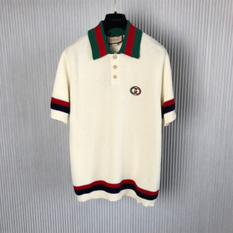 GUCCI KNIT COTTON POLO T-SHIRT WITH WEB - X018