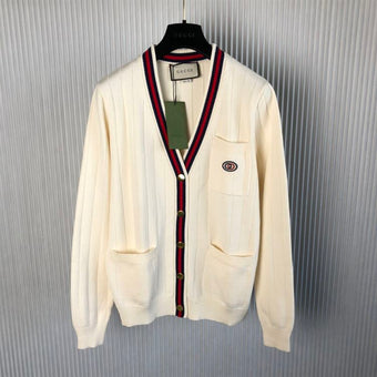 GUCCI KNIT COTTON V-NECK CARDIGAN WITH WEB - H011