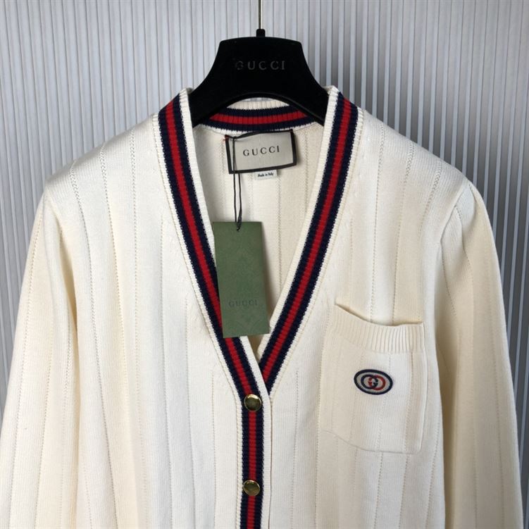 GUCCI KNIT COTTON V-NECK CARDIGAN WITH WEB - H011