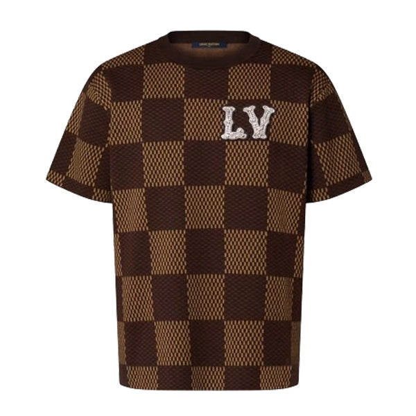 LOUIS VUITTON SHORT-SLEEVED COTTON DAMIER CREWNECK WITH CRYSTAL LV PATCH - V051