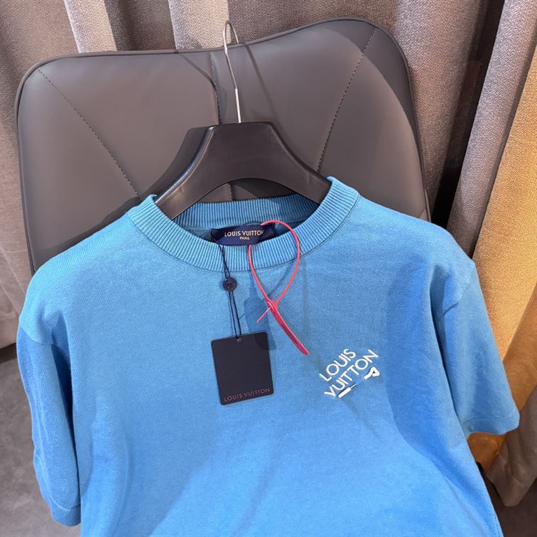 LOUIS VUITTON EMBROIDERED SIGNATURE SHORT-SLEEVED COTTON CREWNECK BLUE - V009