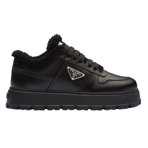 PRADA BLACK LEATHER AND SHEARLING SNEAKERS - P060