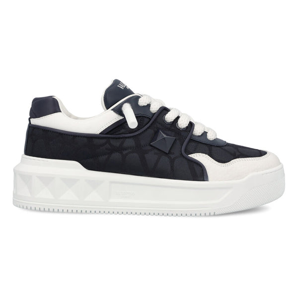 VALENTINO ONE STUD XL LOW-TOP SNEAKER IN NAPPA LEATHER AND JACQUARD TOILE ICONOGRAPHE TECHNICAL FABRIC - TM010