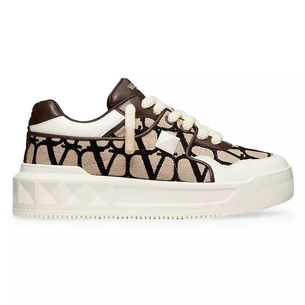 VALENTINO ONE STUD XL LOW-TOP SNEAKER IN NAPPA LEATHER AND TOILE ICONOGRAPHE FABRIC - TM026