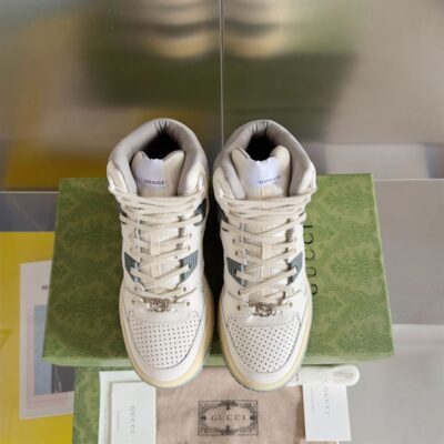 GUCCI DISTRESSED EFFECT LEATHER OFF WHITE GREY HIGH-TOP SNEAKERS - G080