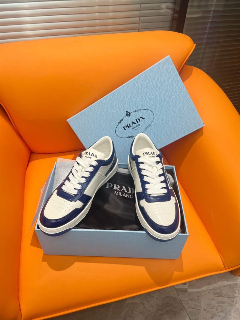 PRADA DOWNTOWN LEATHER SNEAKERS WHITE BLUE - P033