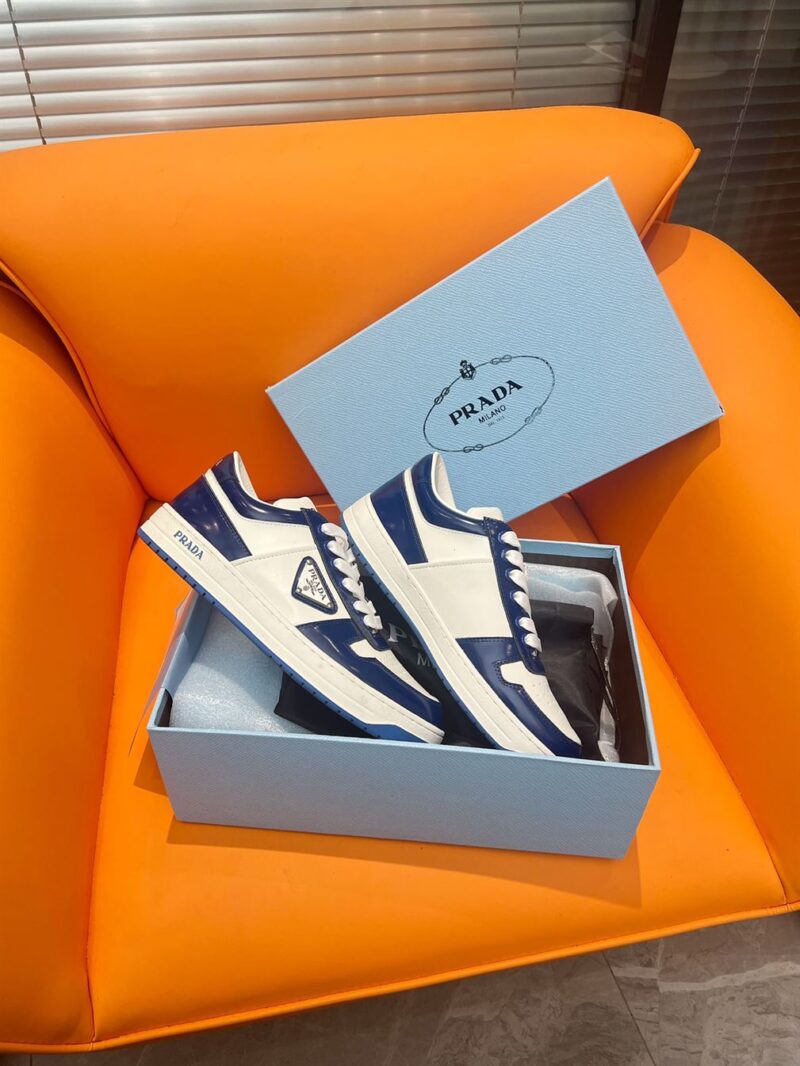 PRADA DOWNTOWN LEATHER SNEAKERS WHITE BLUE - P033