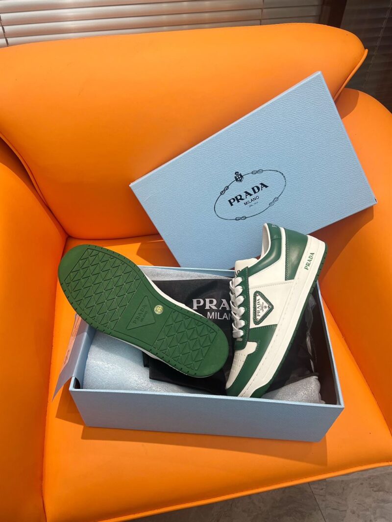 PRADA DOWNTOWN LEATHER SNEAKERS WHITE GREEN - P029