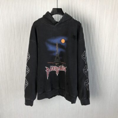 BALENCIAGA PARIS MOON NO POCKET HOODIE OVERSIZED IN BLACK FADED - BH032