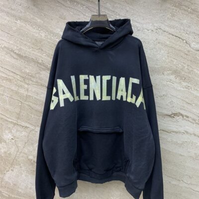 BALENCIAGA TAPE TYPE RIPPED POCKET HOODIE OVERSIZED IN BLACK FADED - BH014