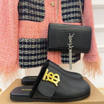 BURBERRY MONOGRAM DETAIK SHEARLING-LINED LEATHER MULES - U018