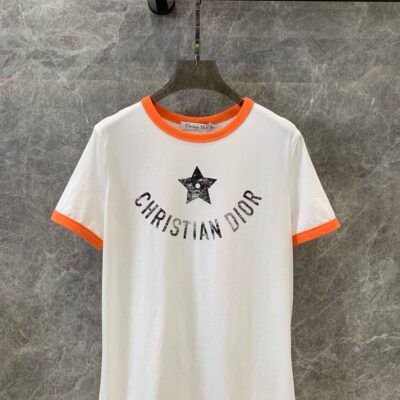 DIORIVIERA T-SHIRT ECRU AND CORAL COTTON JERSEY - O042