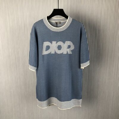 DIOR ITALIC T-SHIRT BLUE COTTON-BLEND TRAMATO KNIT - O039