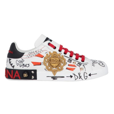 DOLCE & GABBANA CALFSKIN PORTOFINO SNEAKERS WITH EMBROIDERY AND STUDS - HY020