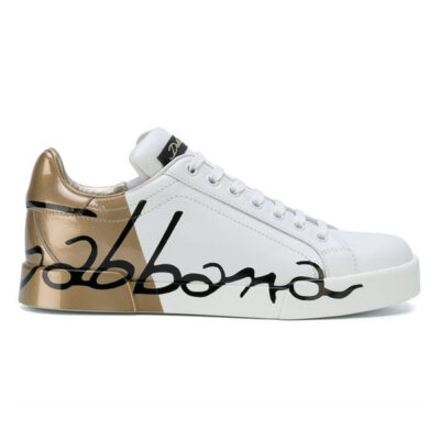 DOLCE & GABBANA LOGO SCRIPT PRINT WHITE GOLD SNEAKERS - HY041